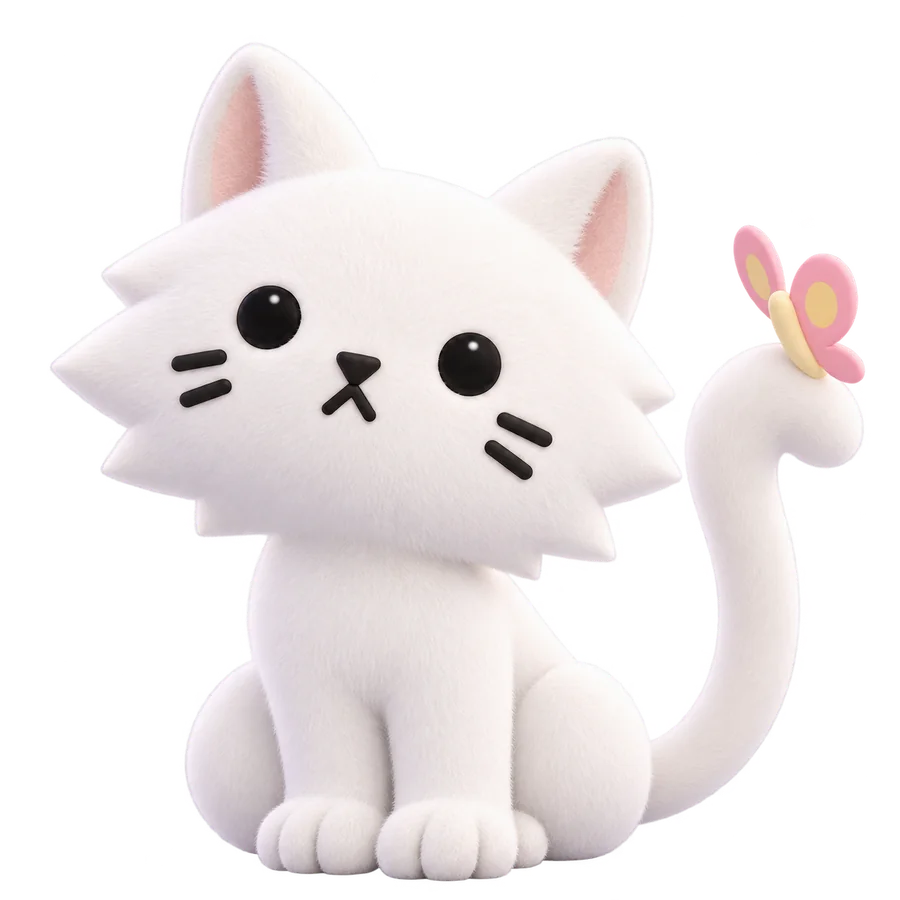 Mello, a fluffy white cat with tiny black eyes, sitting with a pink butterfly on the tip of his tail